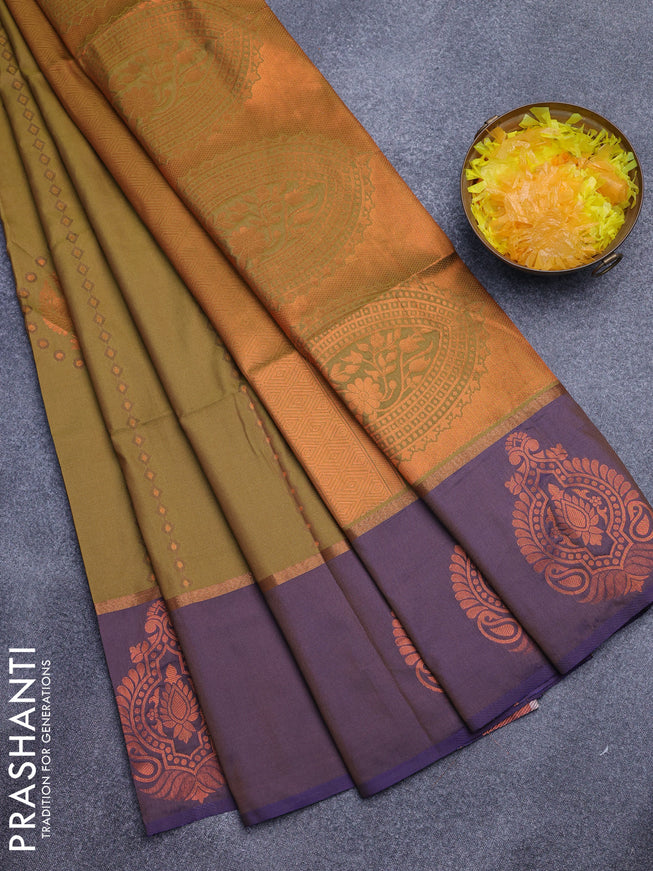 Semi soft silk saree mustard yellow and dual shade of violet with allover thread & copper zari weaves and copper zari woven butta border