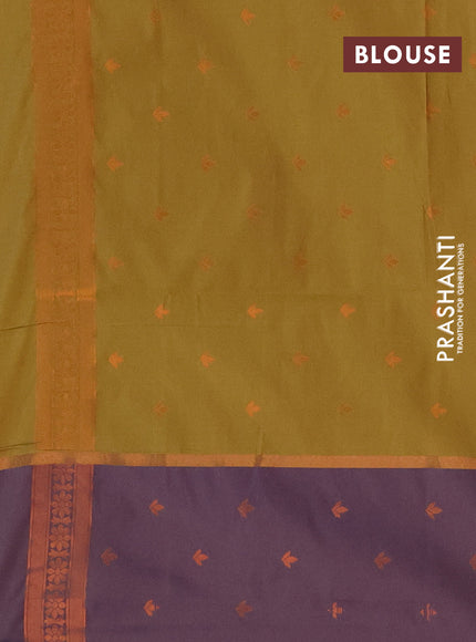 Semi soft silk saree mustard yellow and dual shade of violet with allover thread & copper zari weaves and copper zari woven butta border