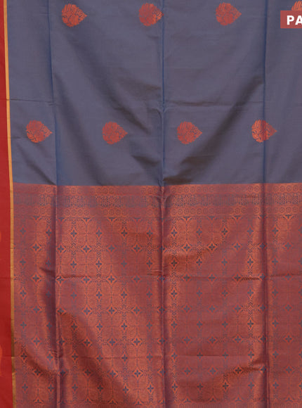 Semi soft silk saree dual shade of blue and red with thread & zari woven buttas and zari woven butta border