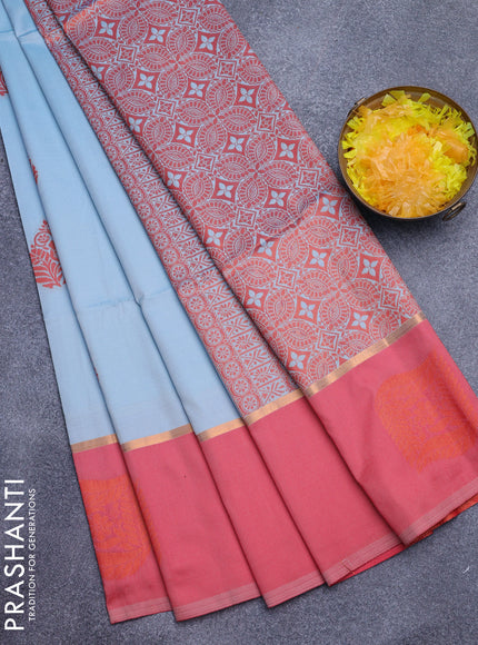 Semi soft silk saree light blue and red with thread & zari woven buttas and zari woven butta border