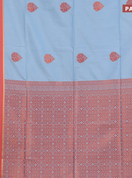 Semi soft silk saree light blue and red with thread & zari woven buttas and zari woven butta border