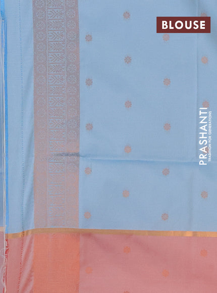 Semi soft silk saree light blue and red with thread & zari woven buttas and zari woven butta border