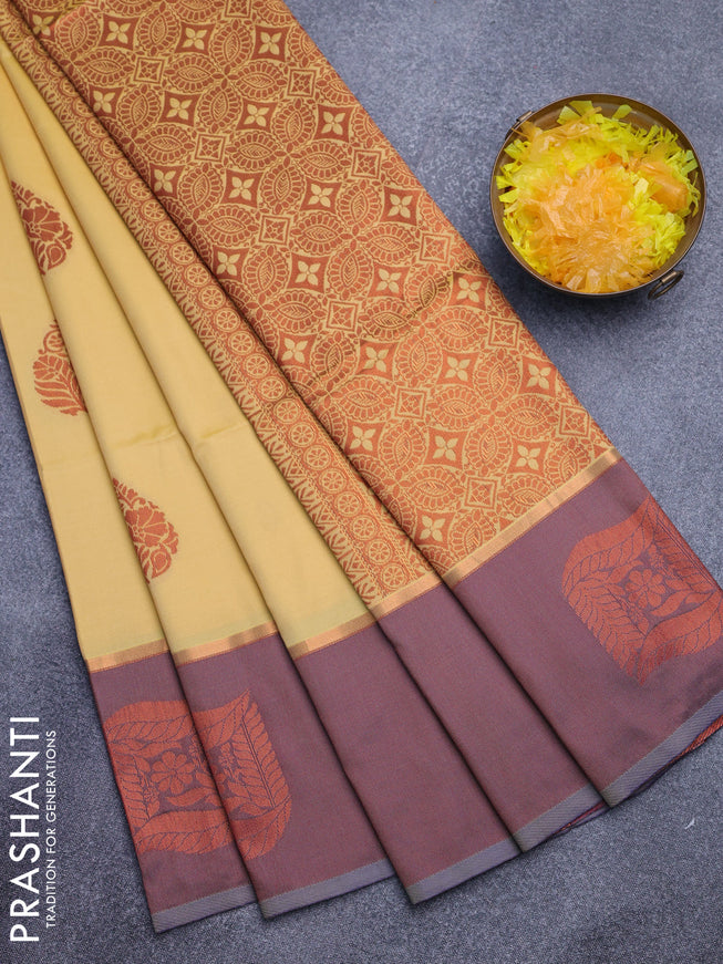 Semi soft silk saree yellow and grey shade with thread & zari woven buttas and zari woven butta border