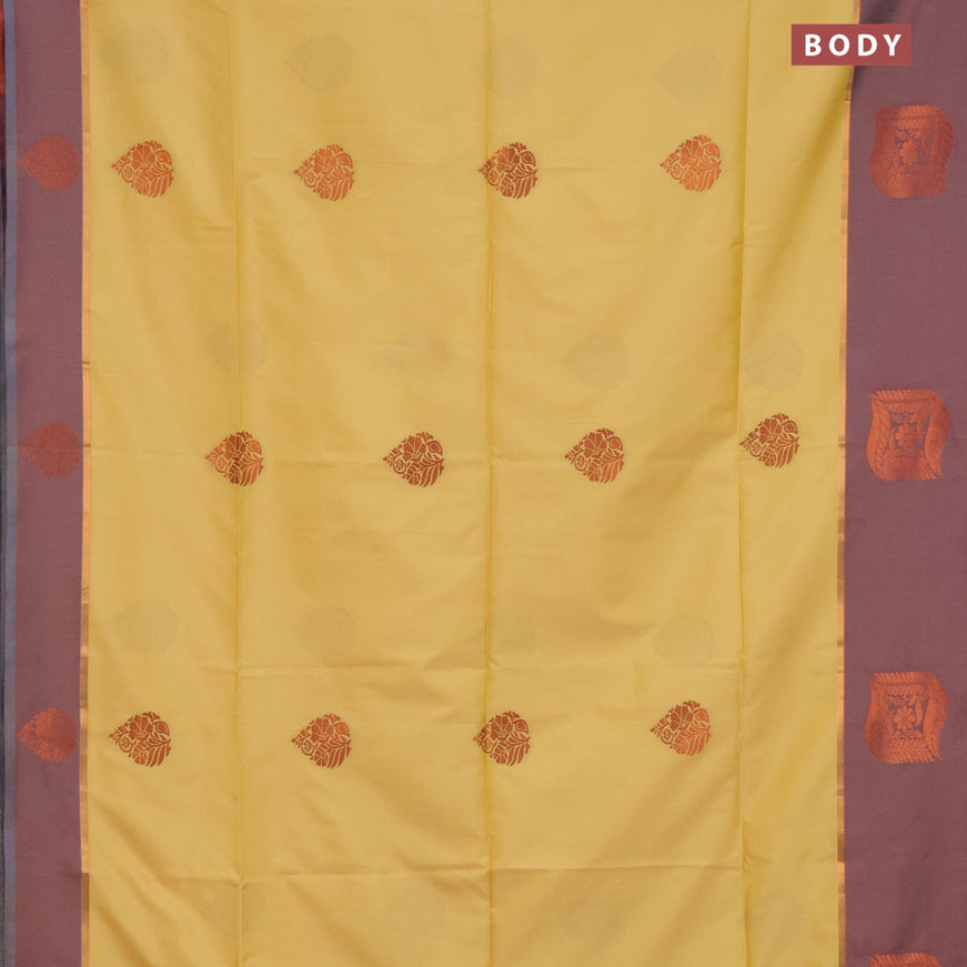 Semi soft silk saree yellow and grey shade with thread & zari woven buttas and zari woven butta border