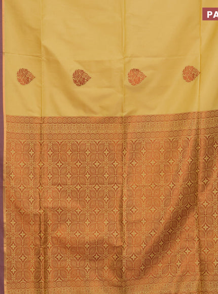 Semi soft silk saree yellow and grey shade with thread & zari woven buttas and zari woven butta border