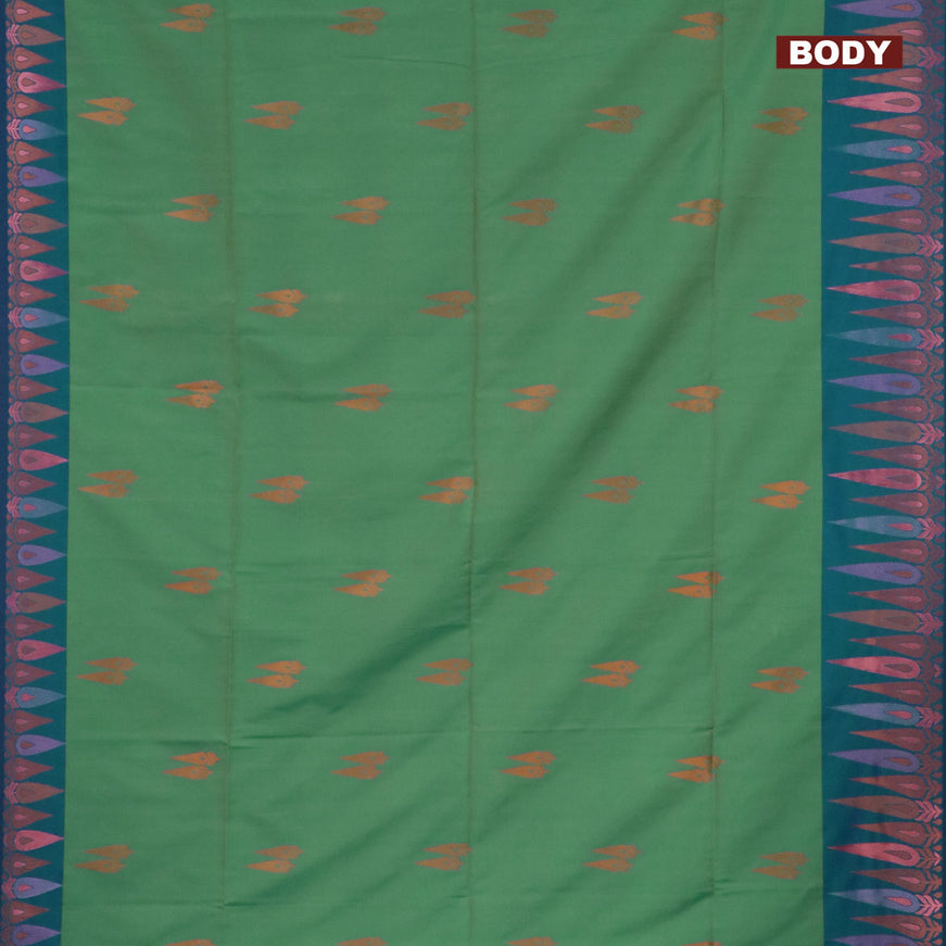 Semi soft silk saree dual shade of green and dual shade of blue with copper zari woven buttas and zari woven border