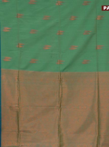 Semi soft silk saree dual shade of green and dual shade of blue with copper zari woven buttas and zari woven border