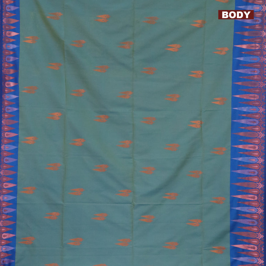 Semi soft silk saree dual shade of teal bluish green and blue with copper zari woven buttas and zari woven border