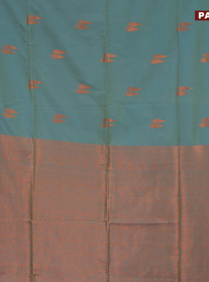 Semi soft silk saree dual shade of teal bluish green and blue with copper zari woven buttas and zari woven border