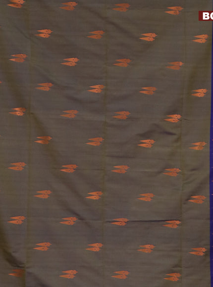 Semi soft silk saree dual shade of olive green and blue with copper zari woven buttas and zari woven border