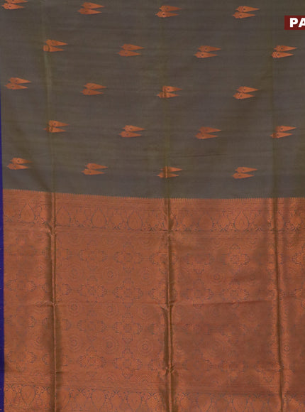 Semi soft silk saree dual shade of olive green and blue with copper zari woven buttas and zari woven border