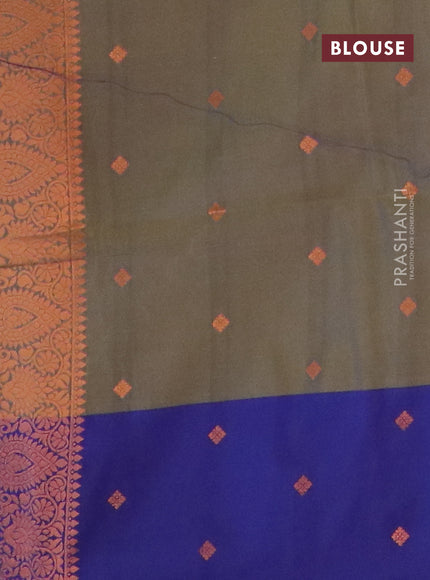 Semi soft silk saree dual shade of olive green and blue with copper zari woven buttas and zari woven border