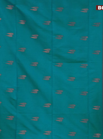 Semi soft silk saree teal blue and dual shade of bluish maroon with copper zari woven buttas and zari woven border