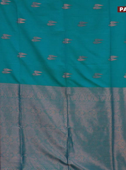 Semi soft silk saree teal blue and dual shade of bluish maroon with copper zari woven buttas and zari woven border