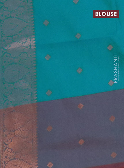 Semi soft silk saree teal blue and dual shade of bluish maroon with copper zari woven buttas and zari woven border