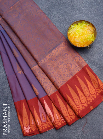 Semi soft silk saree dual shade of bluish maroon and maroon with copper zari woven buttas and zari woven border