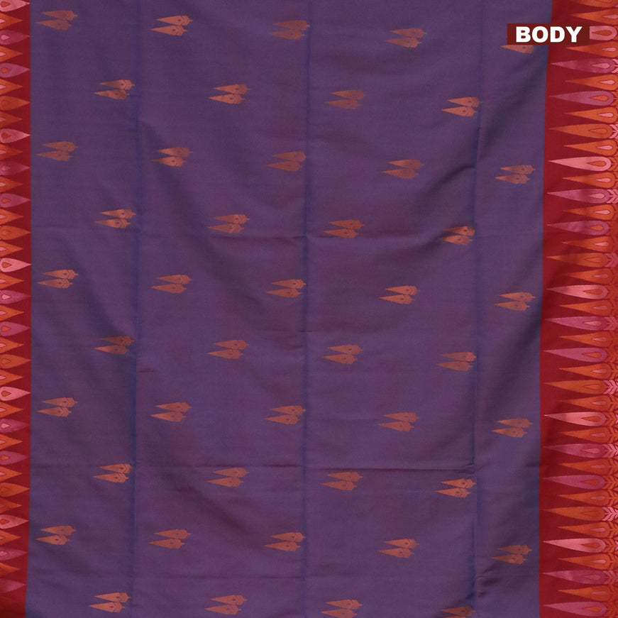 Semi soft silk saree dual shade of bluish maroon and maroon with copper zari woven buttas and zari woven border