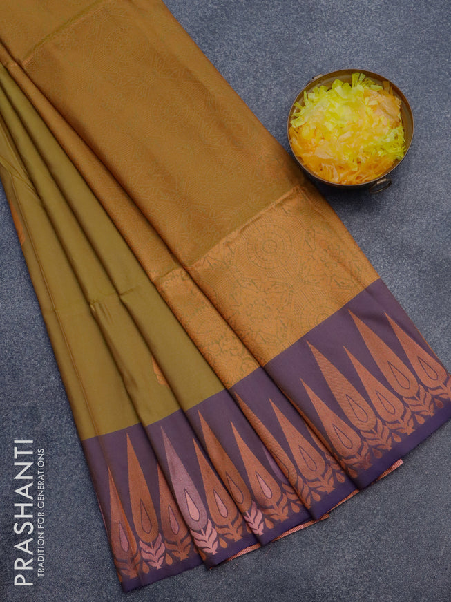 Semi soft silk saree mustard green shade and violet with copper zari woven buttas and zari woven border