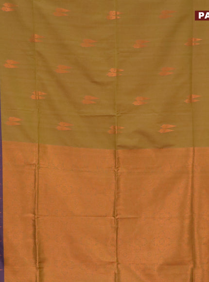 Semi soft silk saree mustard green shade and violet with copper zari woven buttas and zari woven border