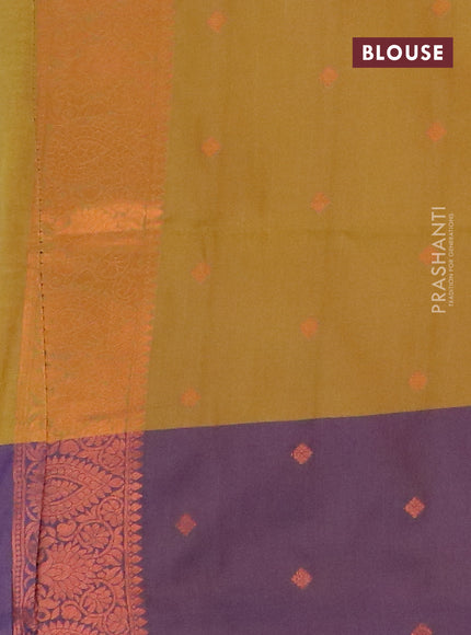 Semi soft silk saree mustard green shade and violet with copper zari woven buttas and zari woven border