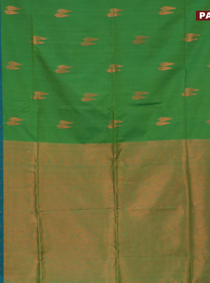 Semi soft silk saree green and peacock green with copper zari woven buttas and zari woven border