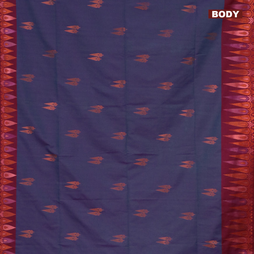 Semi soft silk saree dual shade of bluish purple and maroon with copper zari woven buttas and zari woven border