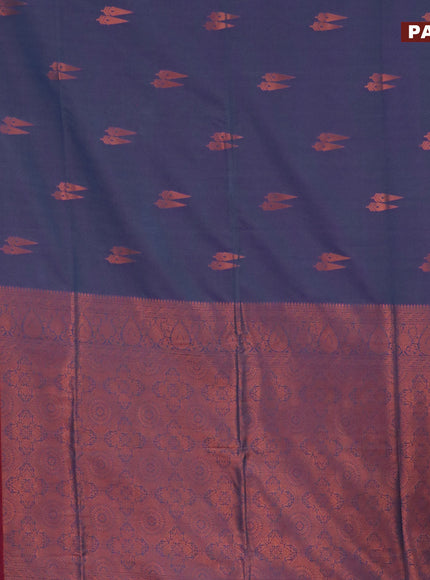 Semi soft silk saree dual shade of bluish purple and maroon with copper zari woven buttas and zari woven border