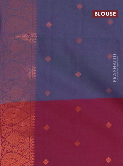 Semi soft silk saree dual shade of bluish purple and maroon with copper zari woven buttas and zari woven border