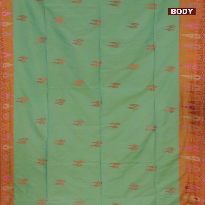 Semi soft silk saree teal green shade and mustard yellow with copper zari woven buttas and zari woven border