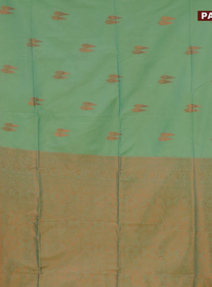 Semi soft silk saree teal green shade and mustard yellow with copper zari woven buttas and zari woven border