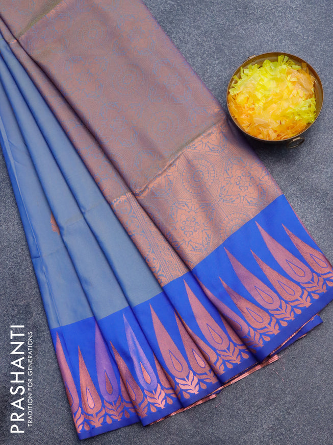 Semi soft silk saree dual shade of blue and blue with copper zari woven buttas and zari woven border