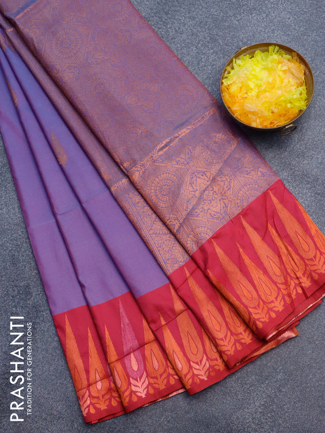 Semi soft silk saree dual shade of bluish purple and dark pink with copper zari woven buttas and zari woven border