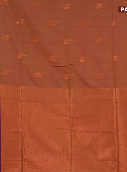 Semi soft silk saree dual shade of mustard yellowish pink and purple with copper zari woven buttas and zari woven border