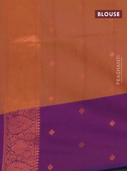 Semi soft silk saree dual shade of mustard yellowish pink and purple with copper zari woven buttas and zari woven border