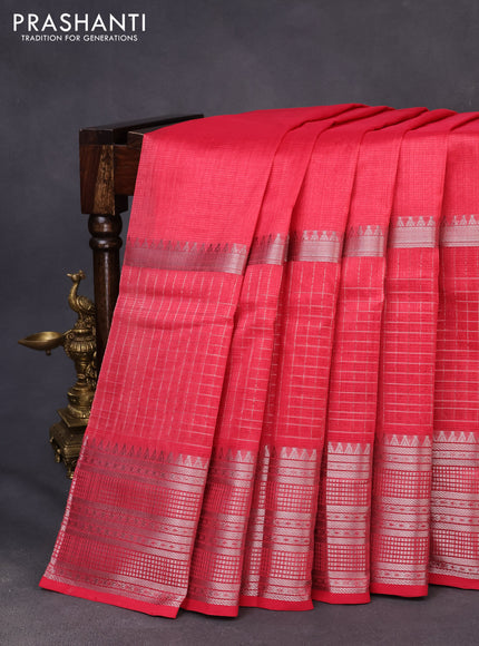 Mangalgiri silk cotton saree pink with plain body and long silver zari woven border