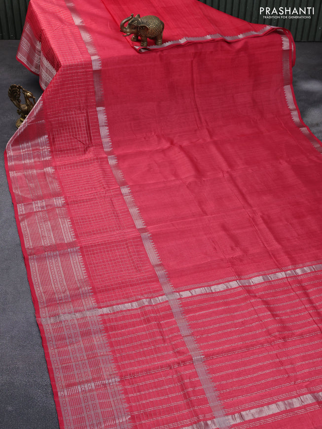 Mangalgiri silk cotton saree pink with plain body and long silver zari woven border