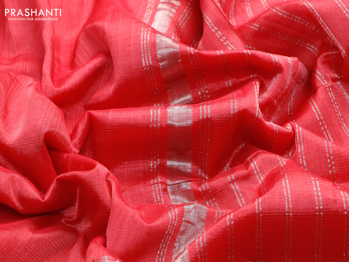 Mangalgiri silk cotton saree pink with plain body and long silver zari woven border