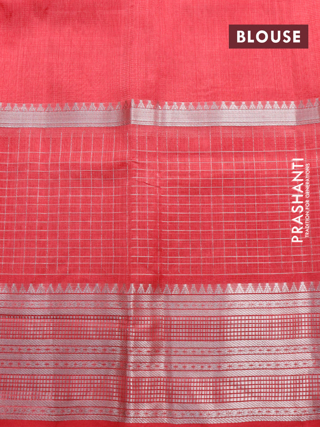 Mangalgiri silk cotton saree pink with plain body and long silver zari woven border