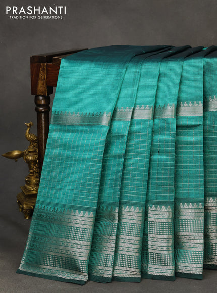 Mangalgiri silk cotton saree teal green with plain body and long silver zari woven border