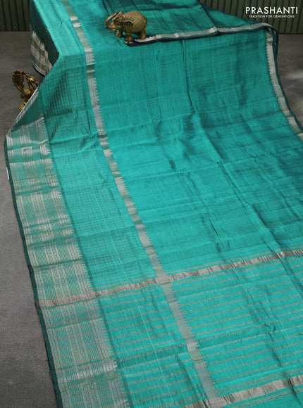 Mangalgiri silk cotton saree teal green with plain body and long silver zari woven border