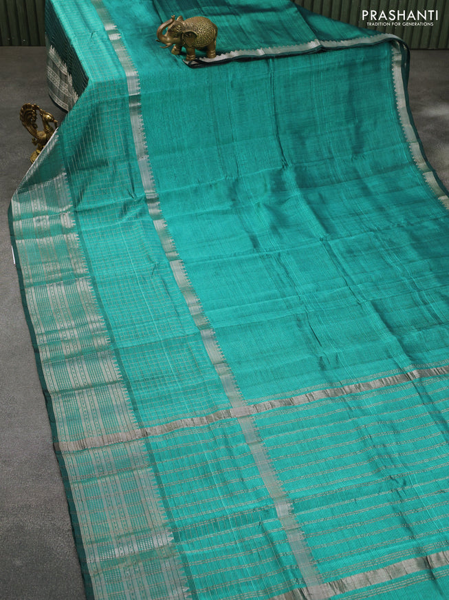 Mangalgiri silk cotton saree teal green with plain body and long silver zari woven border