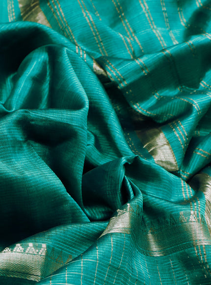 Mangalgiri silk cotton saree teal green with plain body and long silver zari woven border