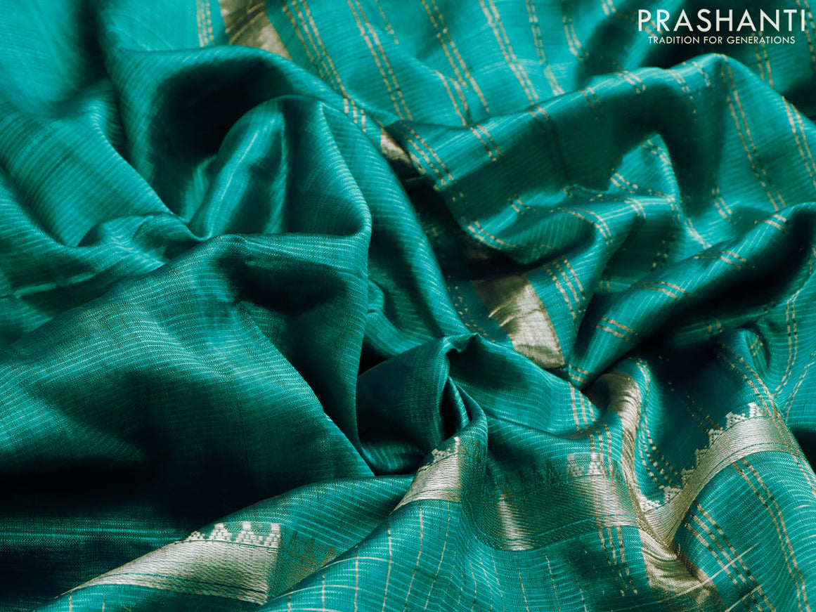 Mangalgiri silk cotton saree teal green with plain body and long silver zari woven border