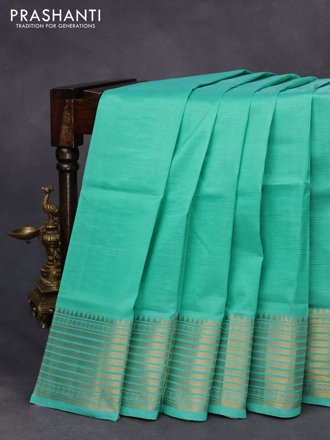 Mangalgiri silk cotton saree teal green shade with plain body and zari woven border