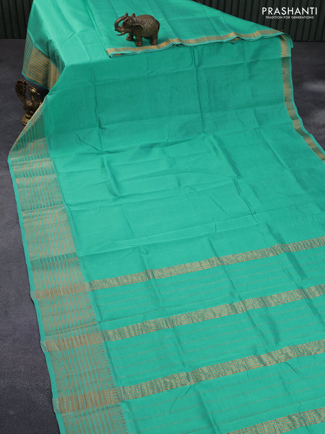 Mangalgiri silk cotton saree teal green shade with plain body and zari woven border