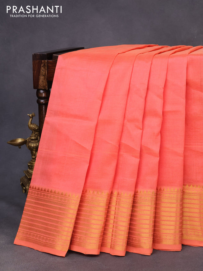 Mangalgiri silk cotton saree peach orange with plain body and zari woven border