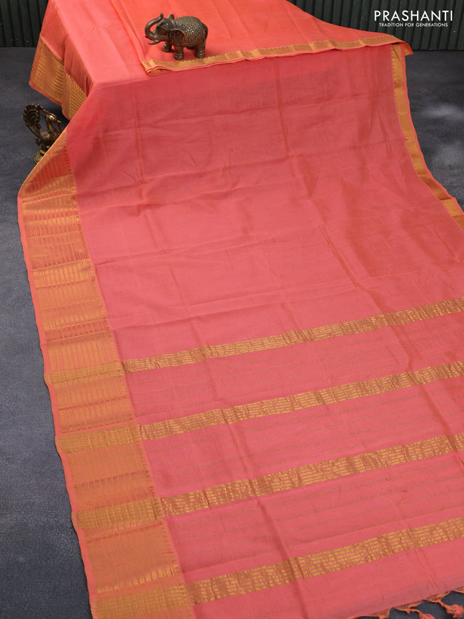 Mangalgiri silk cotton saree peach orange with plain body and zari woven border