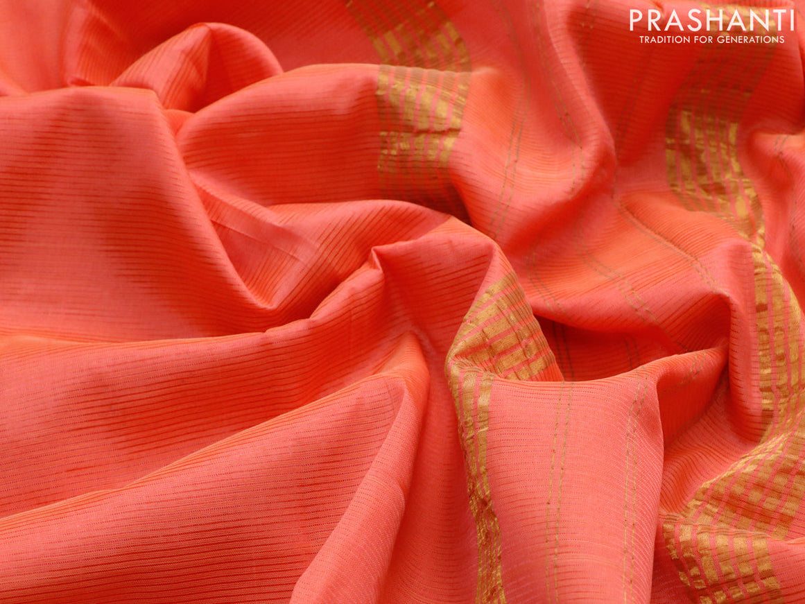 Mangalgiri silk cotton saree peach orange with plain body and zari woven border