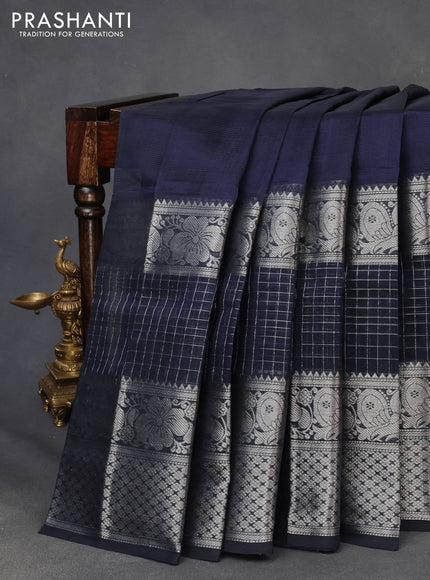 Mangalgiri silk cotton saree dark blue and black with plain body and long silver zari woven border