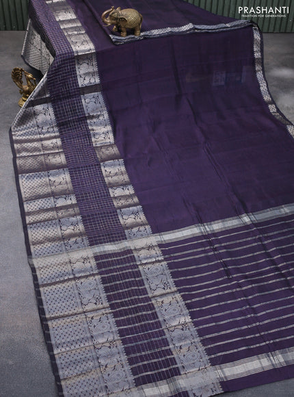 Mangalgiri silk cotton saree dark blue and black with plain body and long silver zari woven border